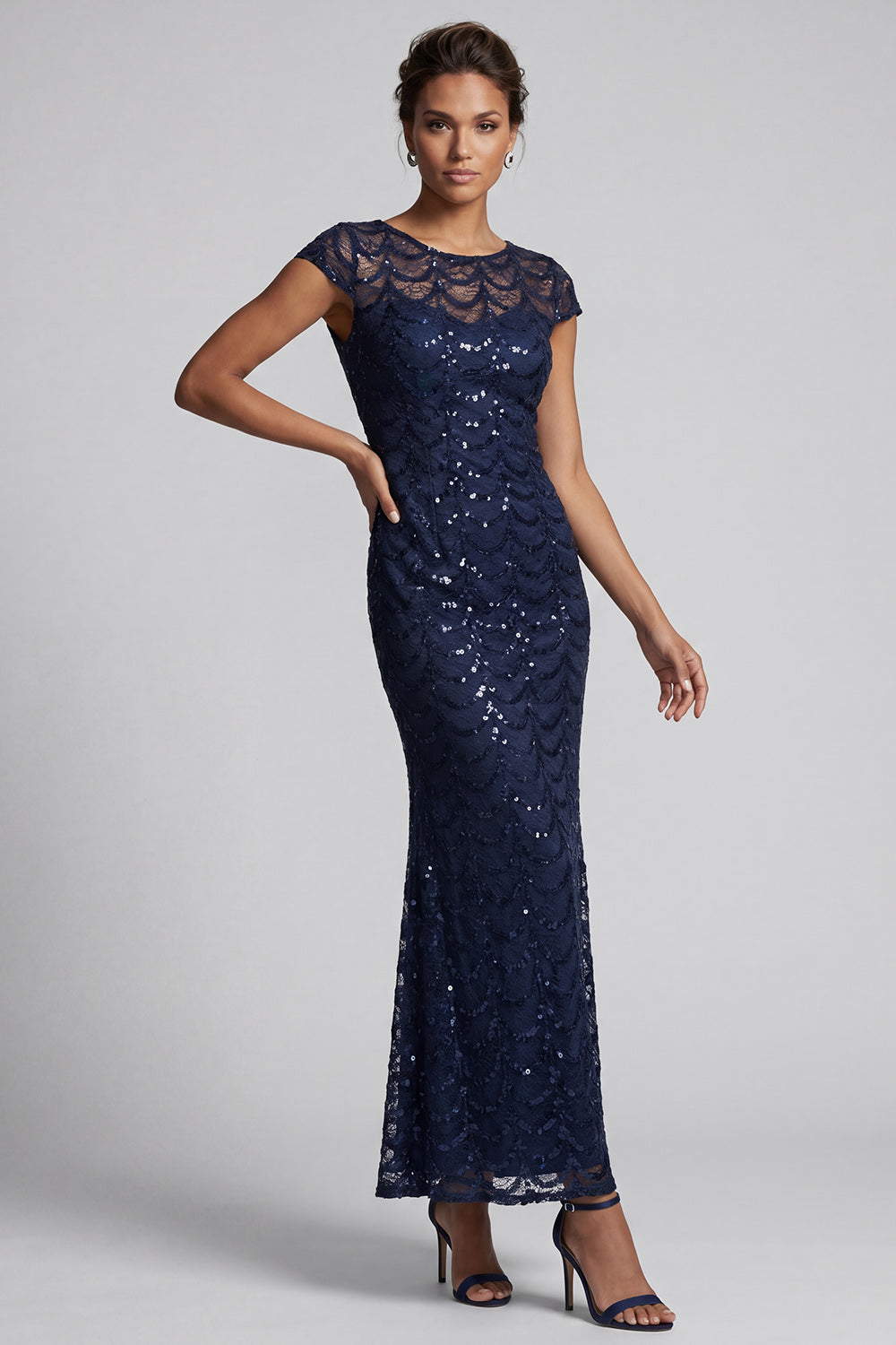 Sparkly Navy Boat Neck Mermaid Long Sequin Mother of the Bride Dress