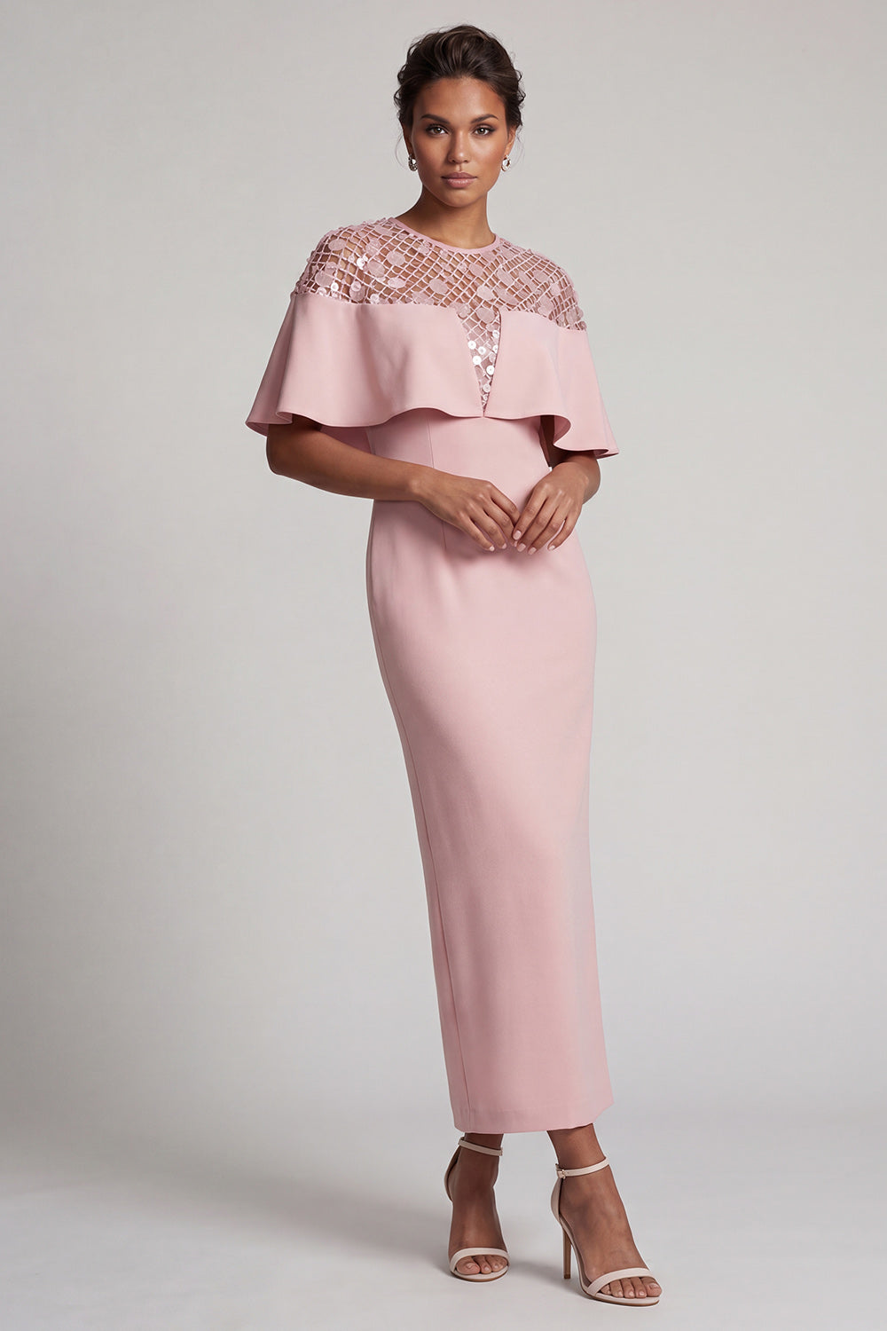 Sparkly Dusty Rose Sheath Long Sequin Mother of the Bride Dress with Cape