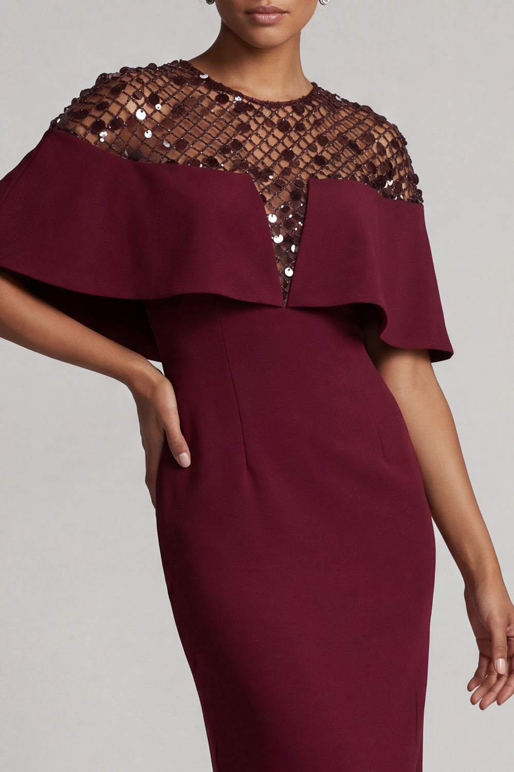 Sparkly Dusty Rose Sheath Long Sequin Mother of the Bride Dress with Cape