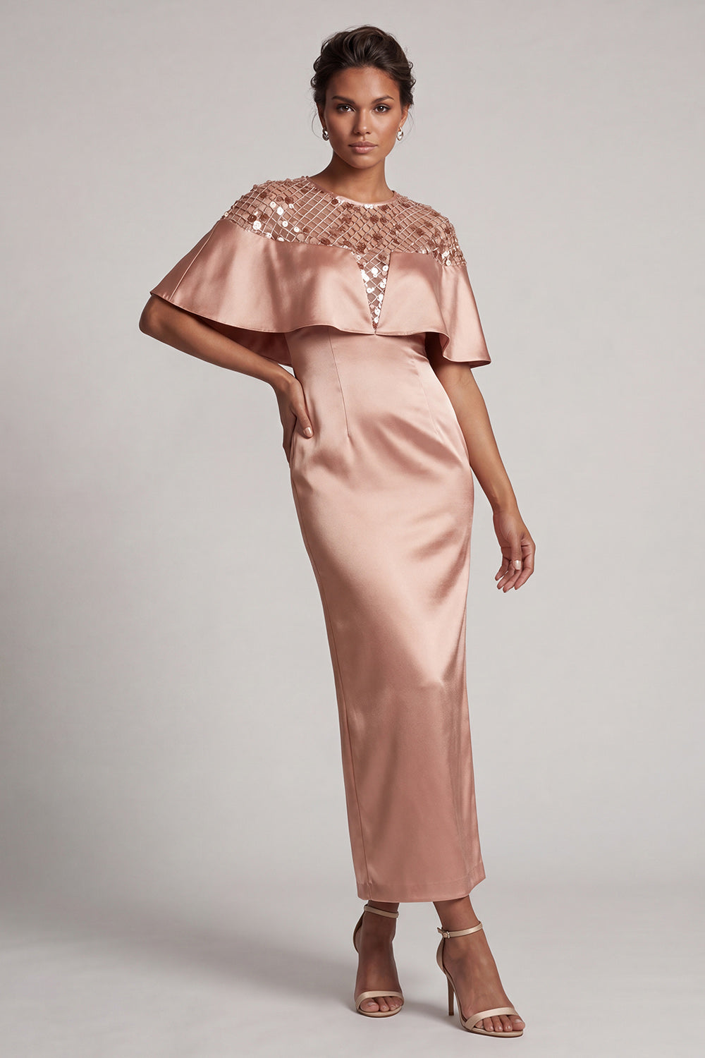 Sparkly Dusty Rose Sheath Long Sequin Mother of the Bride Dress with Cape