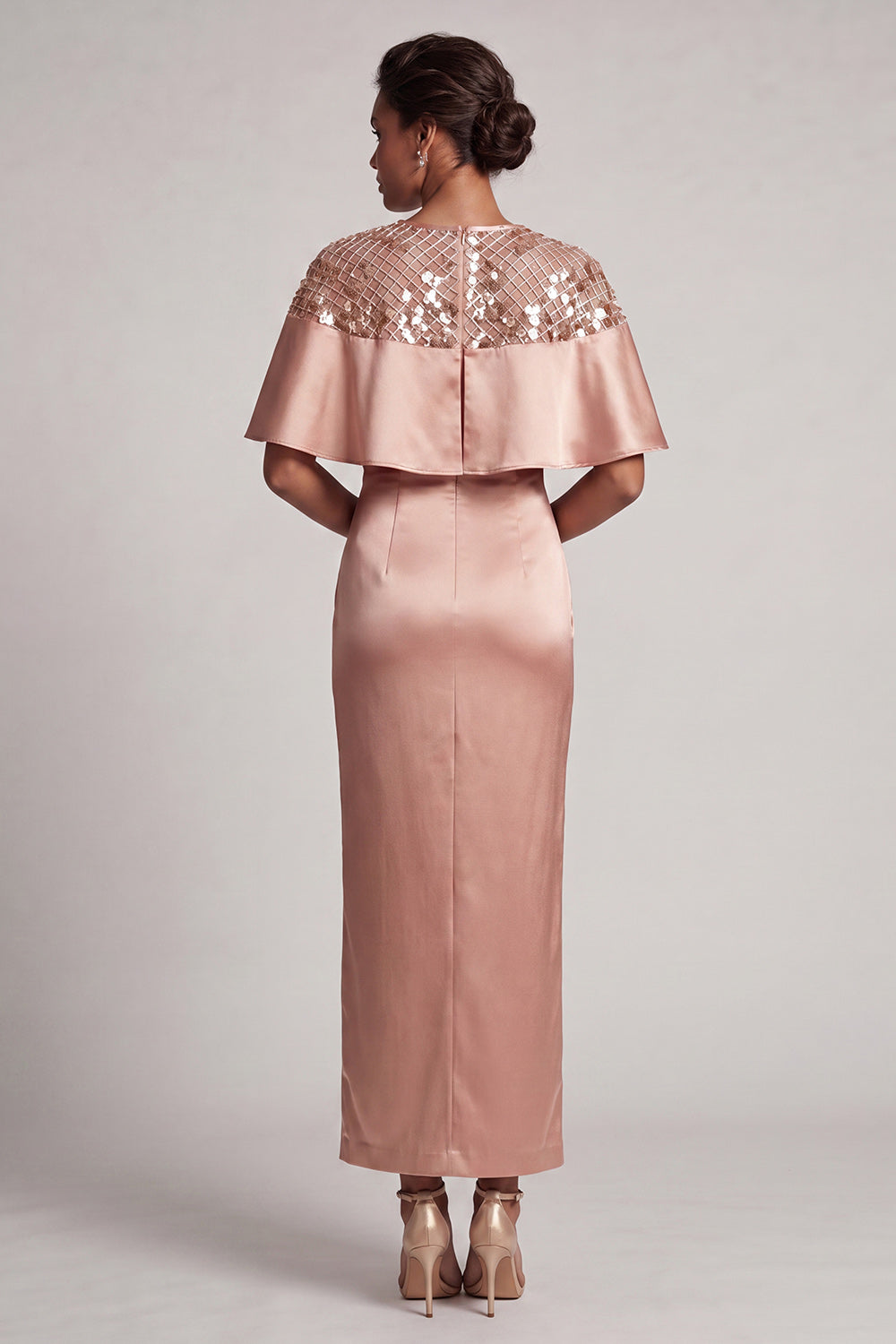 Sparkly Dusty Rose Sheath Long Sequin Mother of the Bride Dress with Cape