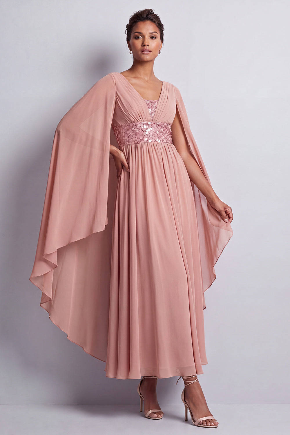 Long Sparkly Dusty Rose A Line V-Neck Beaded Mother of the Bride Dress with Cape