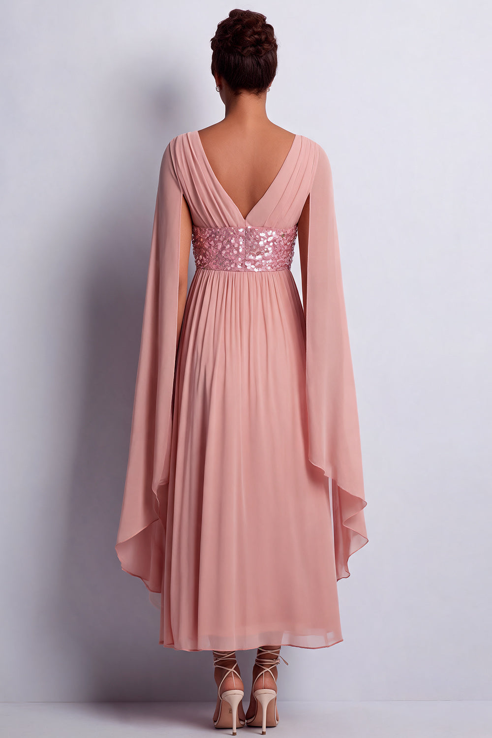 Long Sparkly Dusty Rose A Line V-Neck Beaded Mother of the Bride Dress with Cape