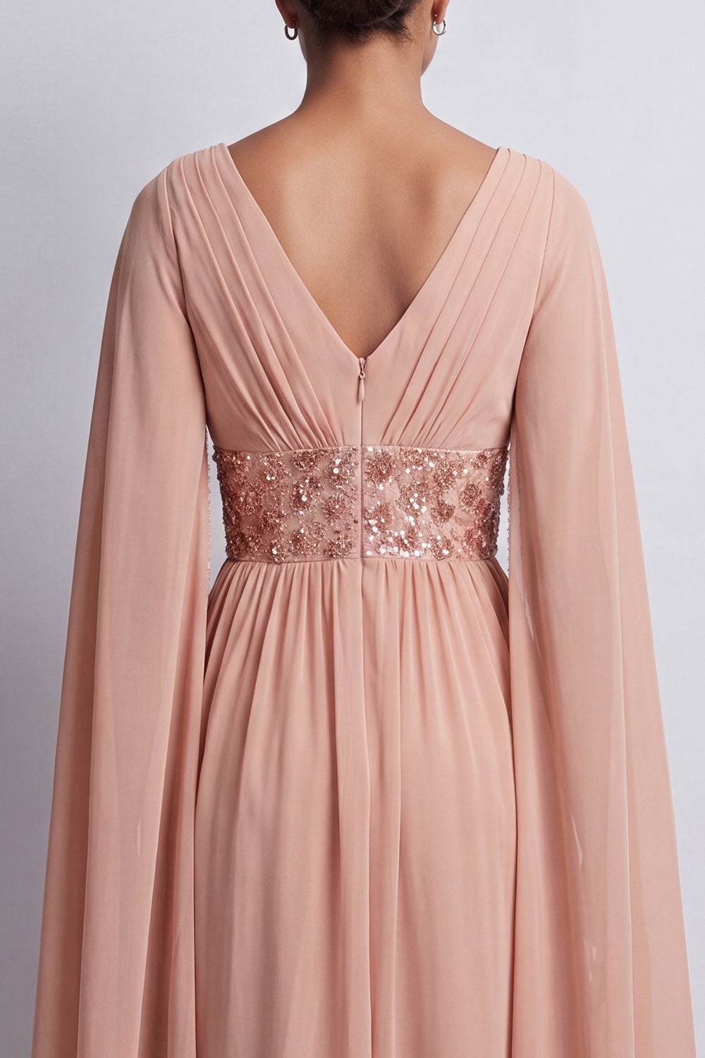 Long Sparkly Dusty Rose A Line V-Neck Beaded Mother of the Bride Dress with Cape