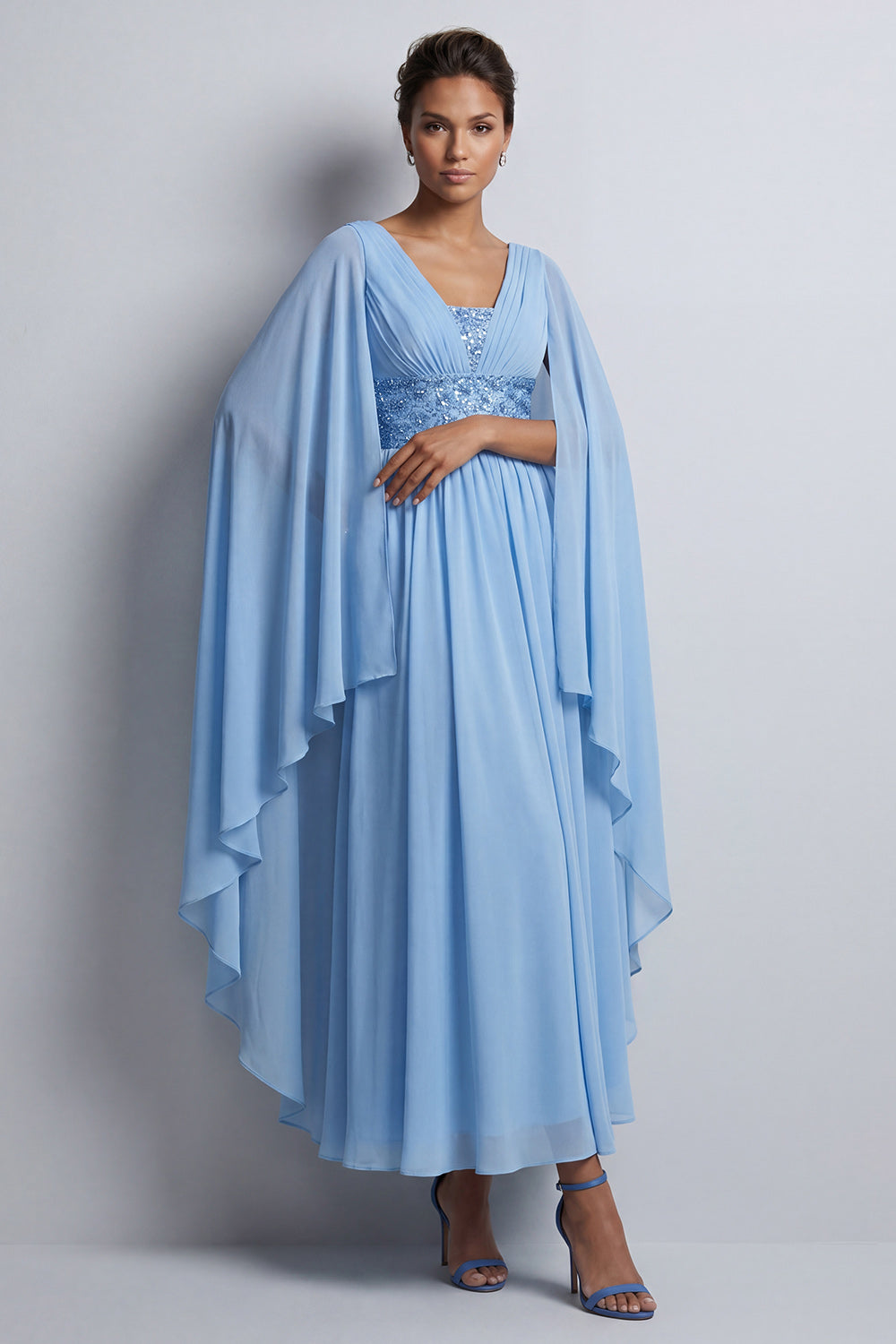 Long Sparkly Dusty Rose A Line V-Neck Beaded Mother of the Bride Dress with Cape