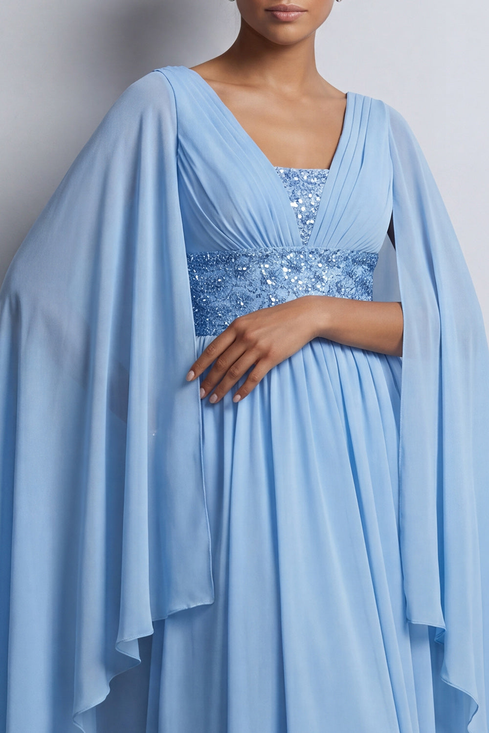 Long Sparkly Dusty Rose A Line V-Neck Beaded Mother of the Bride Dress with Cape