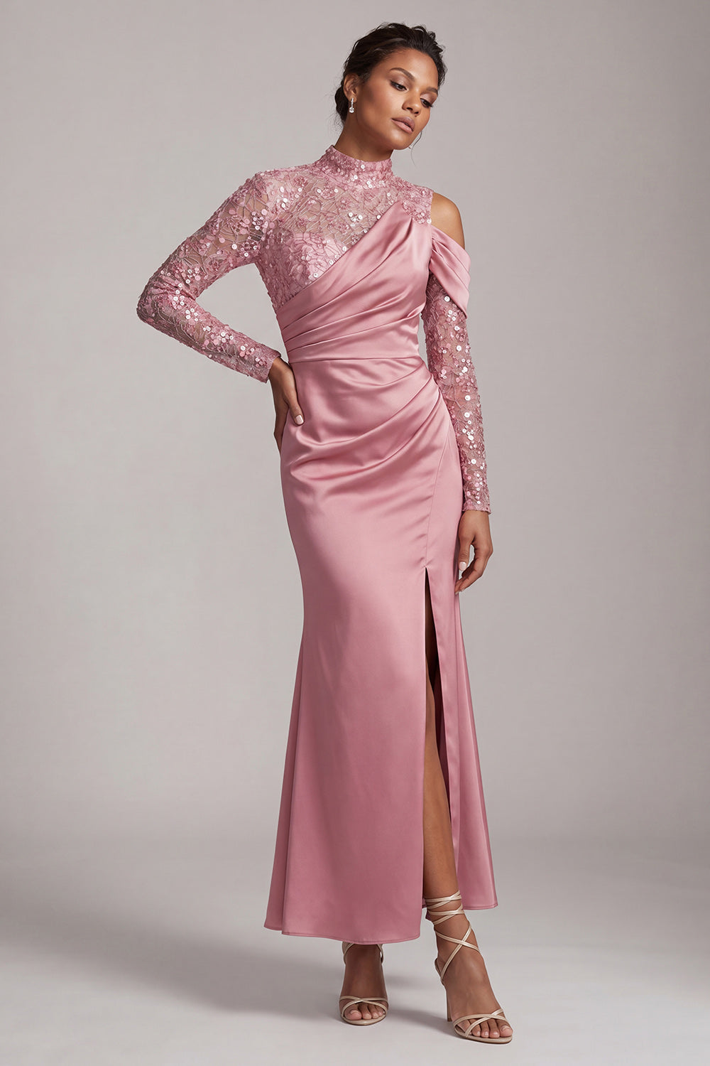 Sparkly Champagne Beaded Mermaid Long Mother of the Bride Dress with Slit