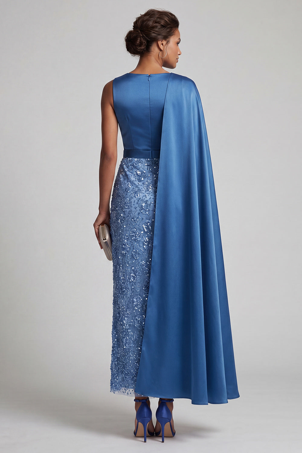 Sparkly Dusty Rose Sheath Long Sequin Mother of the Bride Dress with Side Cape