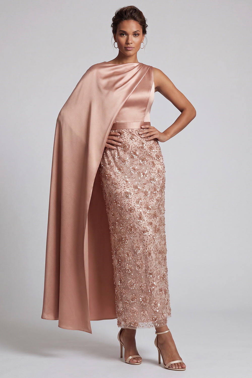 Sparkly Dusty Rose Sheath Long Sequin Mother of the Bride Dress with Side Cape