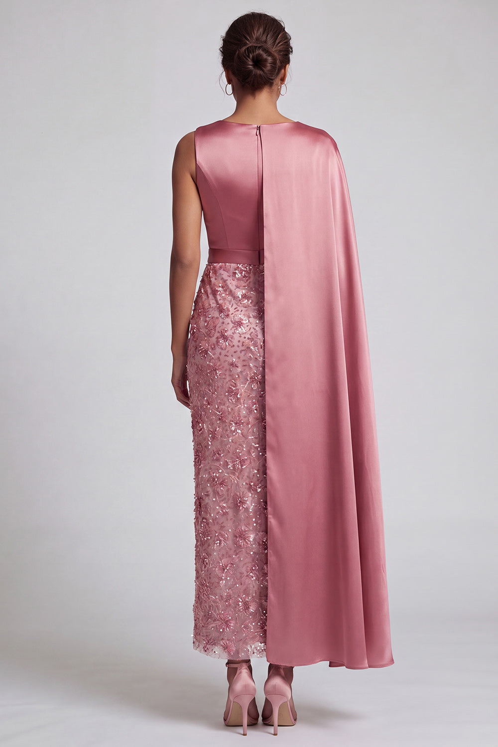Sparkly Dusty Rose Sheath Long Sequin Mother of the Bride Dress with Side Cape
