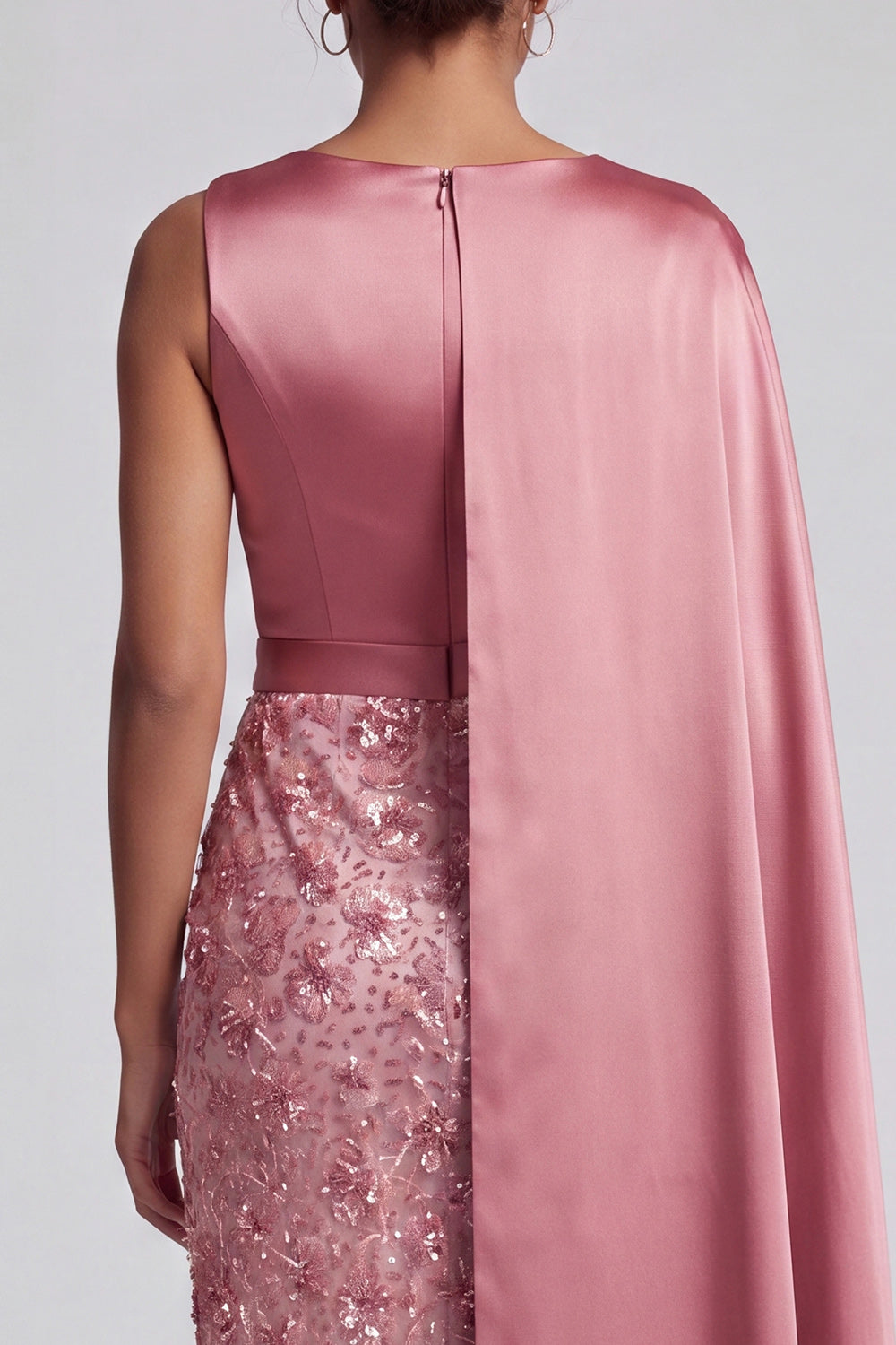 Sparkly Dusty Rose Sheath Long Sequin Mother of the Bride Dress with Side Cape