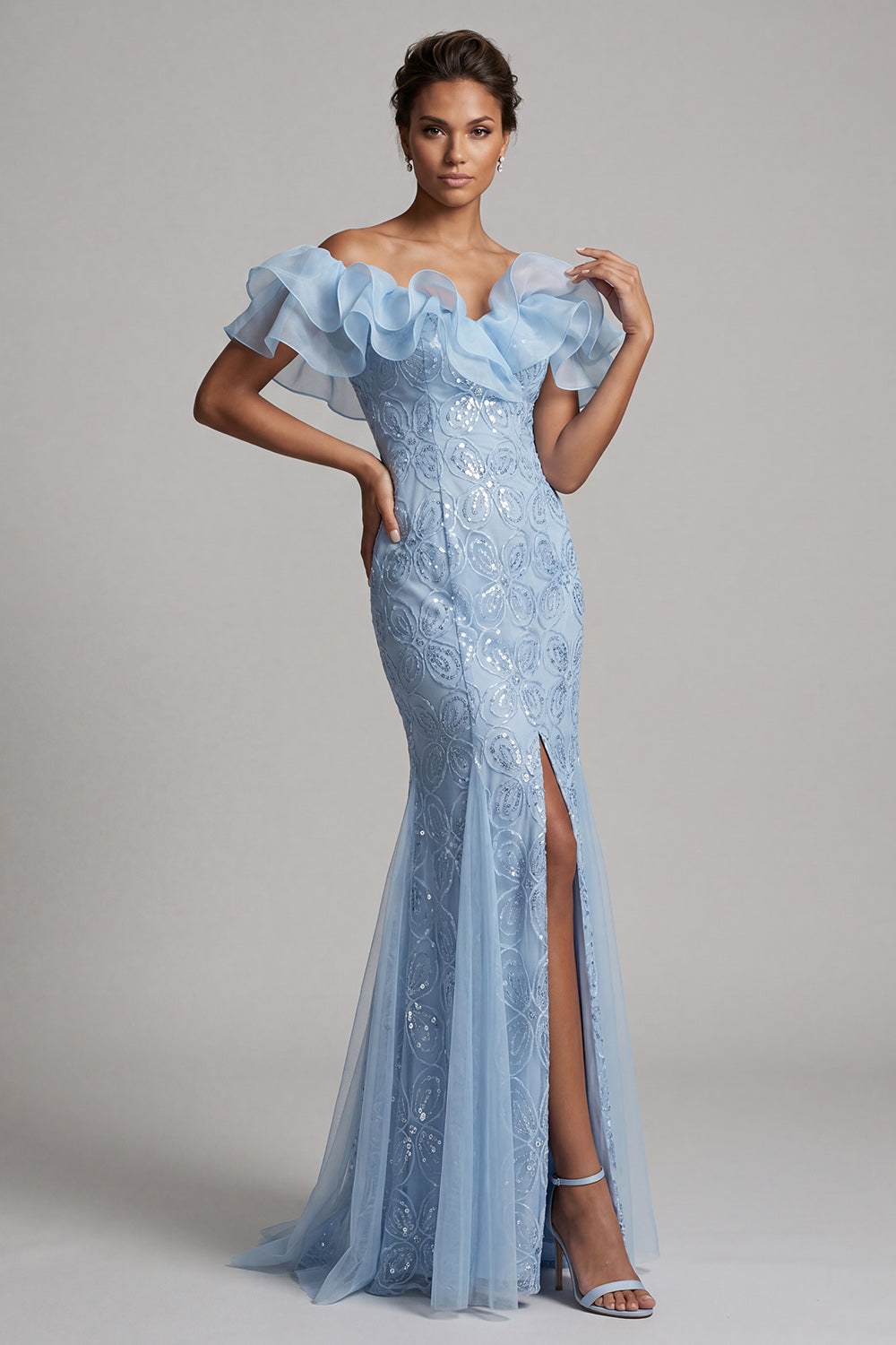 Sparkly Light Blue Mermaid Sequin Long Mother of the Bride Dress with Ruffles