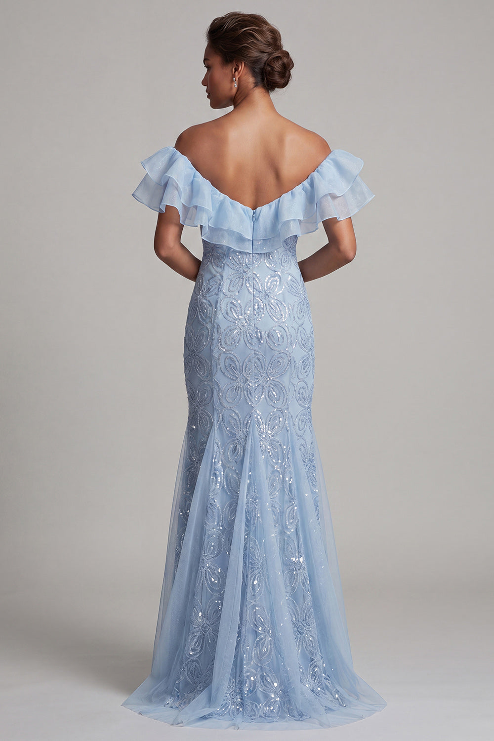 Sparkly Light Blue Mermaid Sequin Long Mother of the Bride Dress with Ruffles