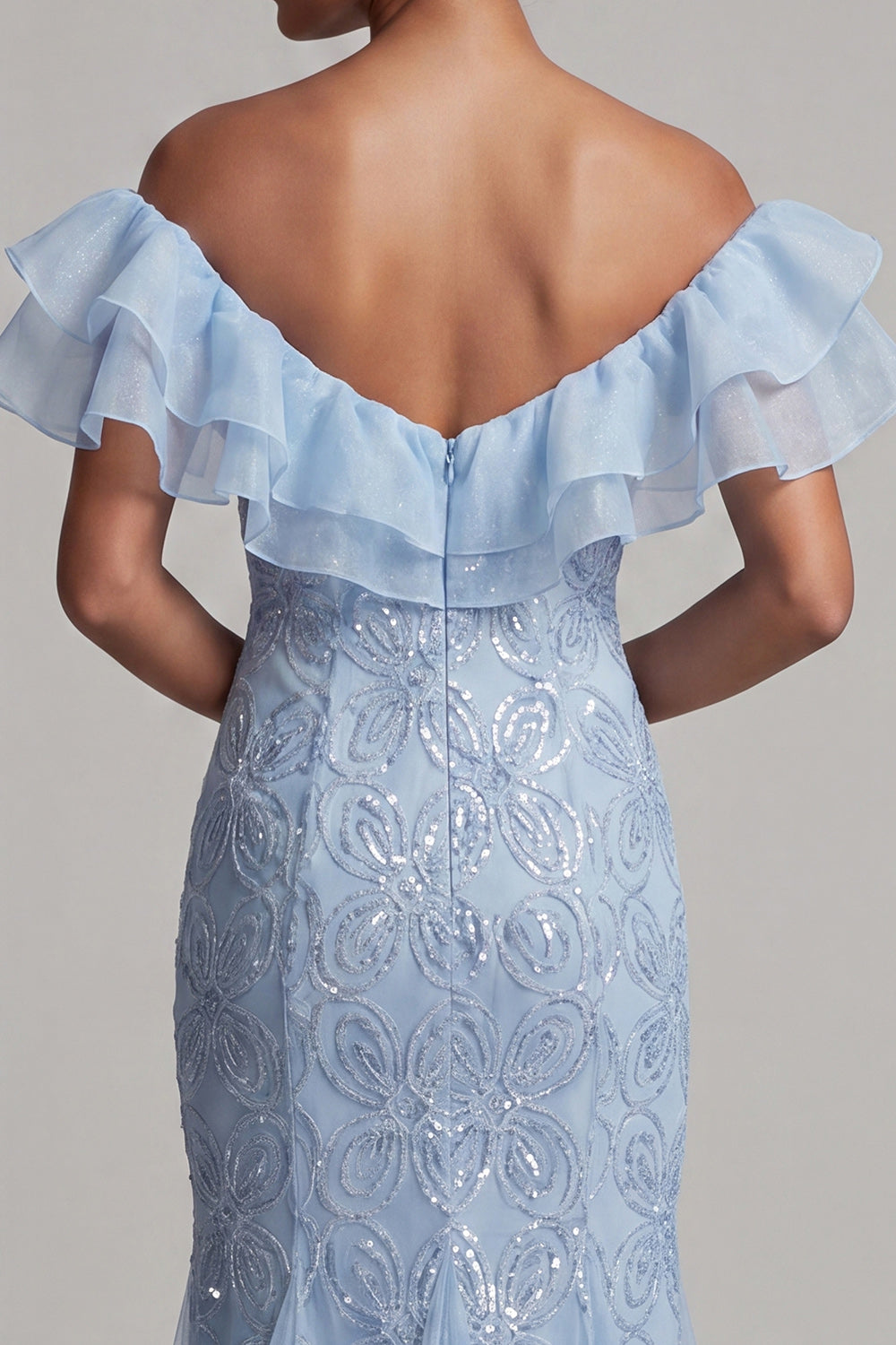 Sparkly Light Blue Mermaid Sequin Long Mother of the Bride Dress with Ruffles