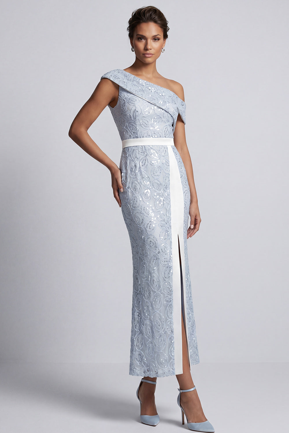 Sparkly Dusty Blue Mermaid Long Sequin Mother of the Bride Dress with Slit