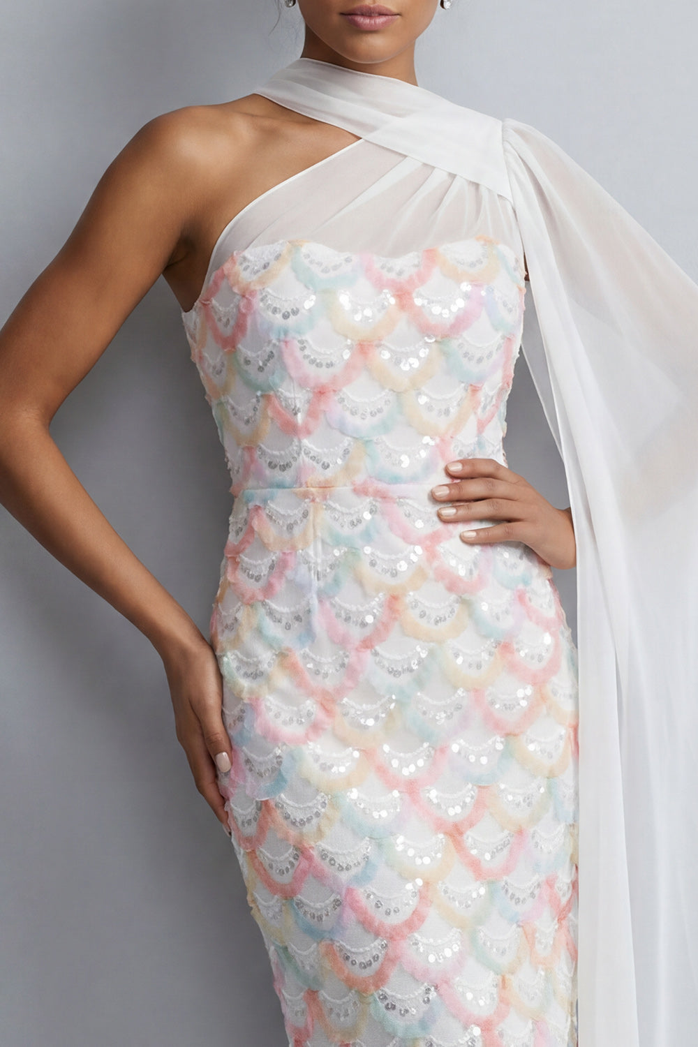 Sparkly Light Blue Sheath Long Sequin Mother of the Bride Dress with Side Cape