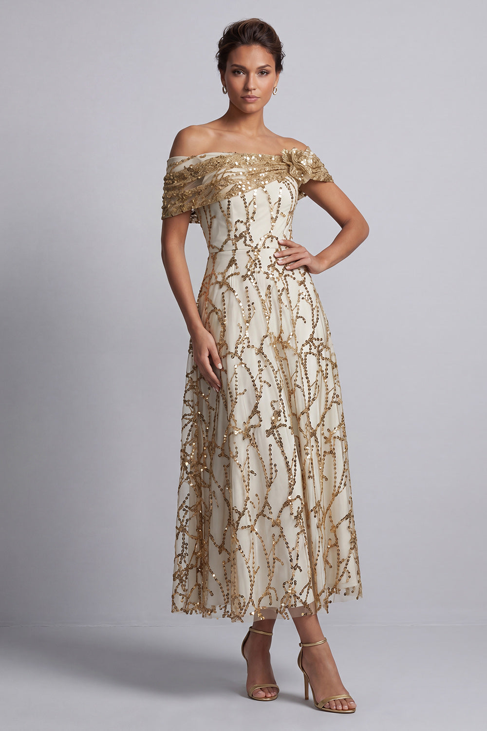Sparkly Floral Champagne A-Line Beaded Long Mother of the Bride Dress