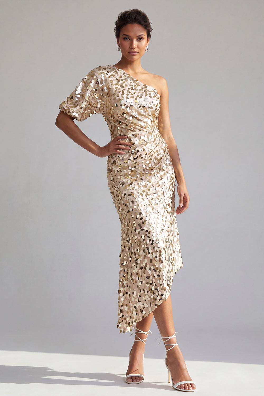 Sparkly Sequin Champagne Mermaid Asymmetrical Mother of the Bride Dress with Sleeve