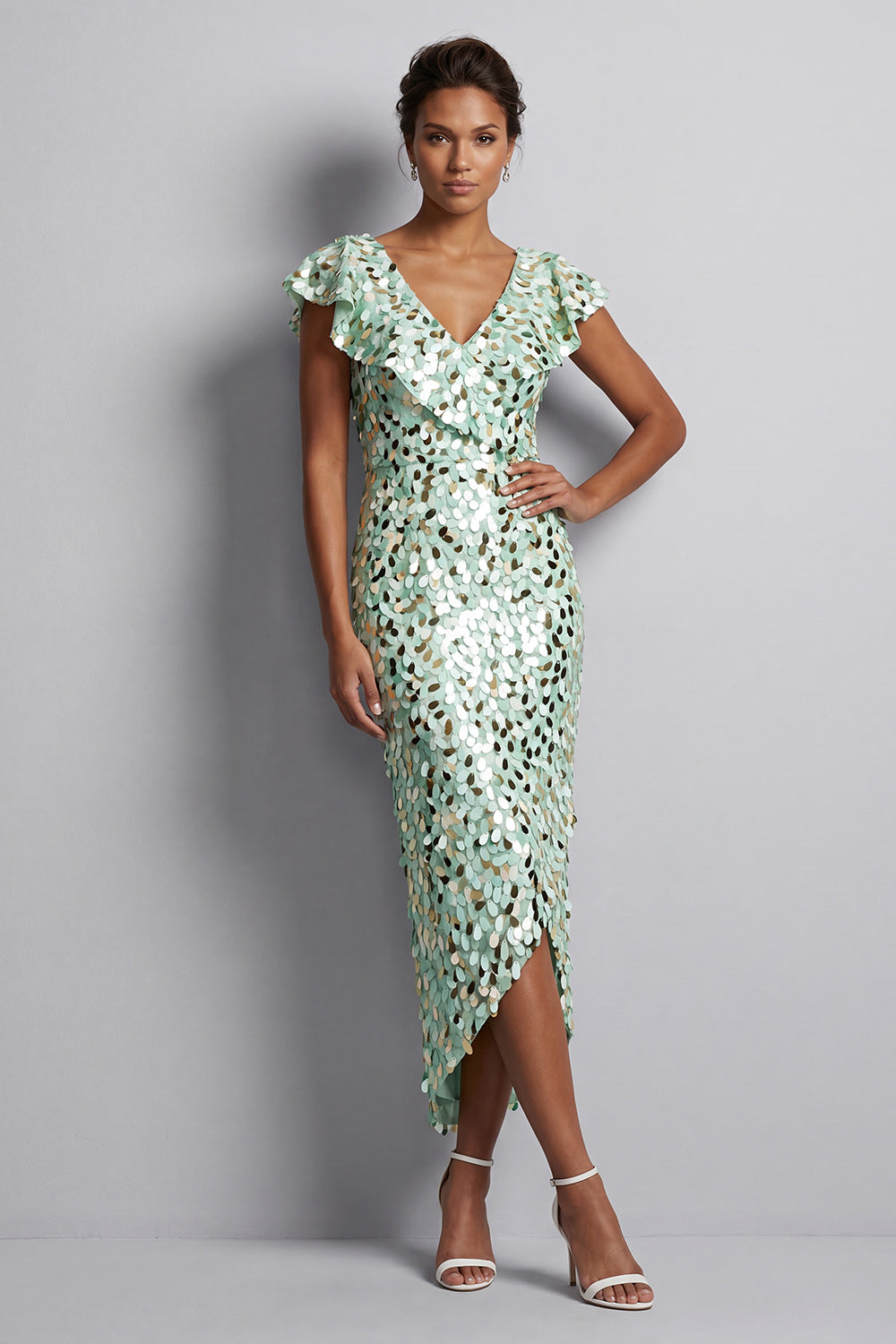 Sparkly Sequin Silver Sheath High-Low Mother of the Bride Dress with Ruffles