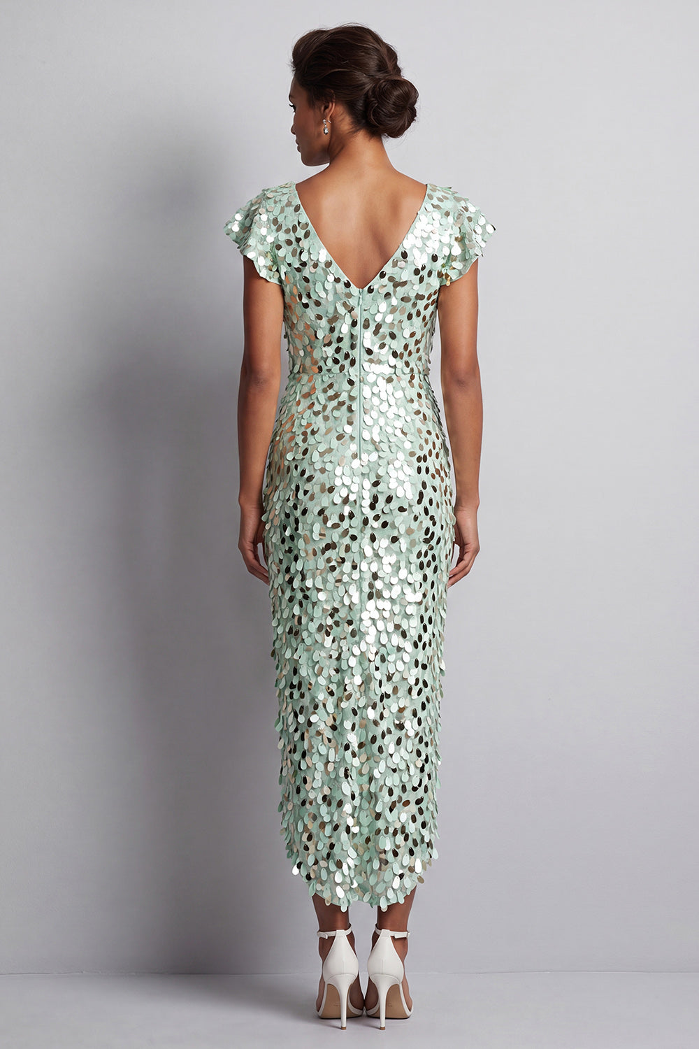 Sparkly Sequin Silver Sheath High-Low Mother of the Bride Dress with Ruffles