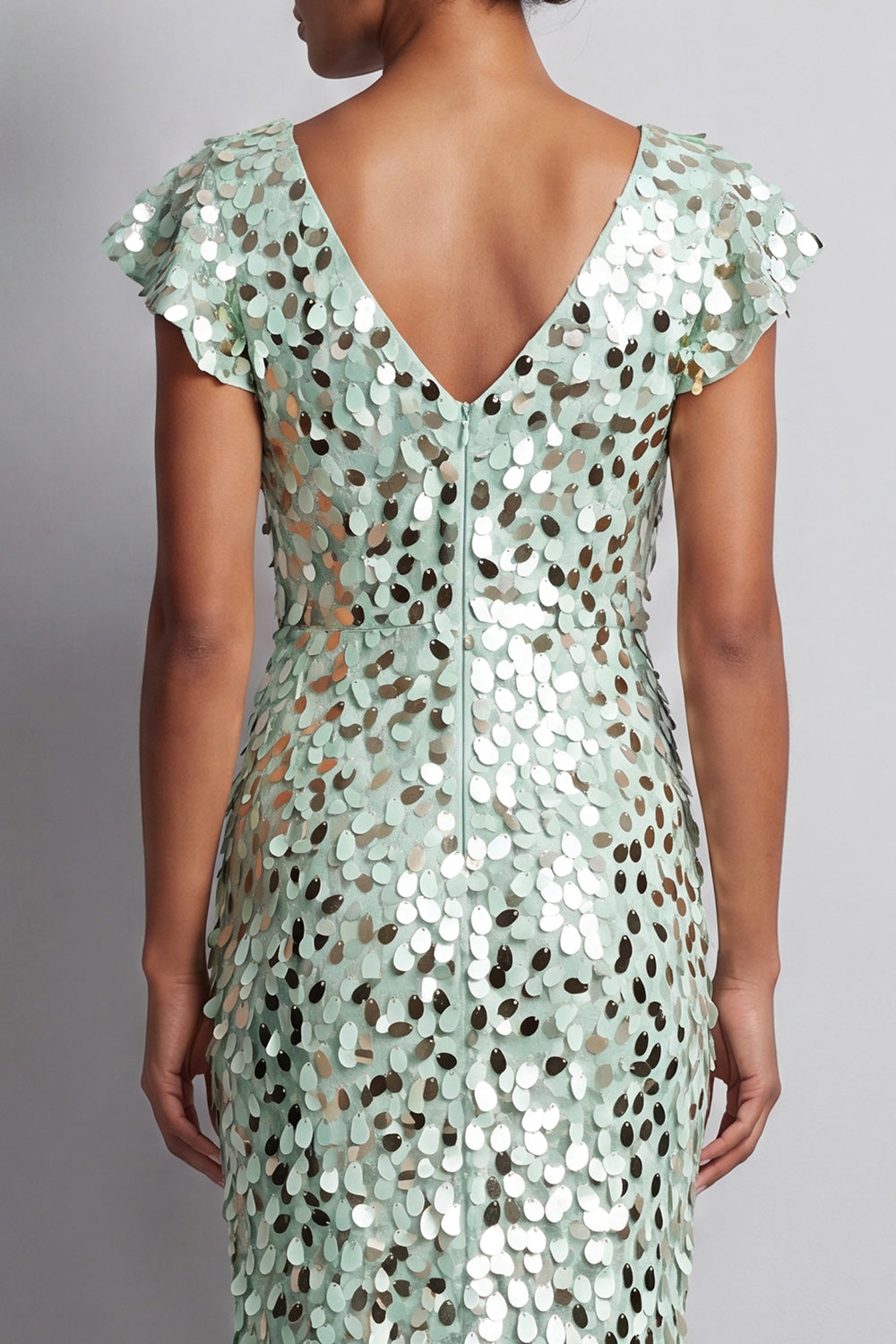 Sparkly Sequin Silver Sheath High-Low Mother of the Bride Dress with Ruffles