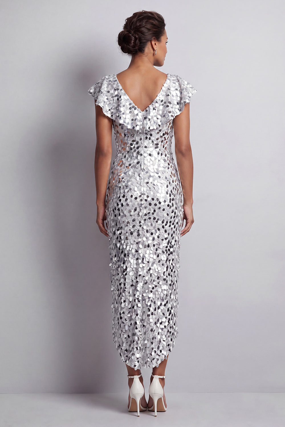 Sparkly Sequin Silver Sheath High-Low Mother of the Bride Dress with Ruffles