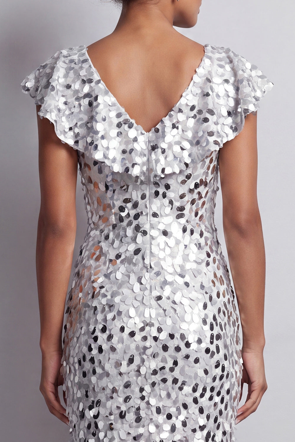 Sparkly Sequin Silver Sheath High-Low Mother of the Bride Dress with Ruffles