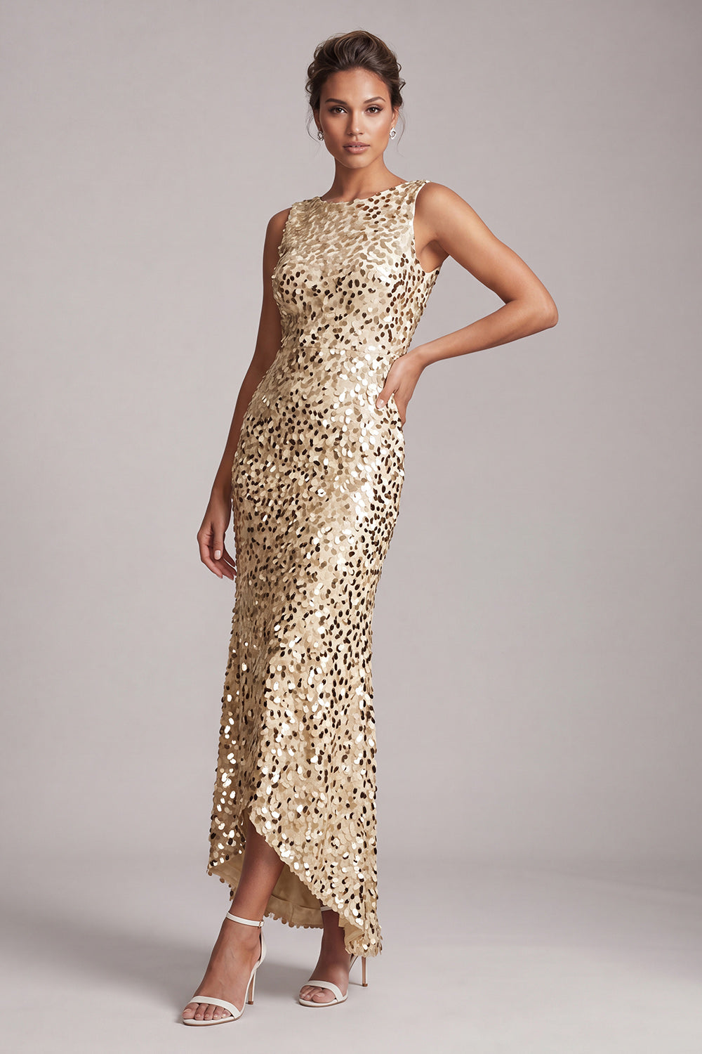 Sparkly Silver Boat Neck Sequin Long Mother of the Bride Dress