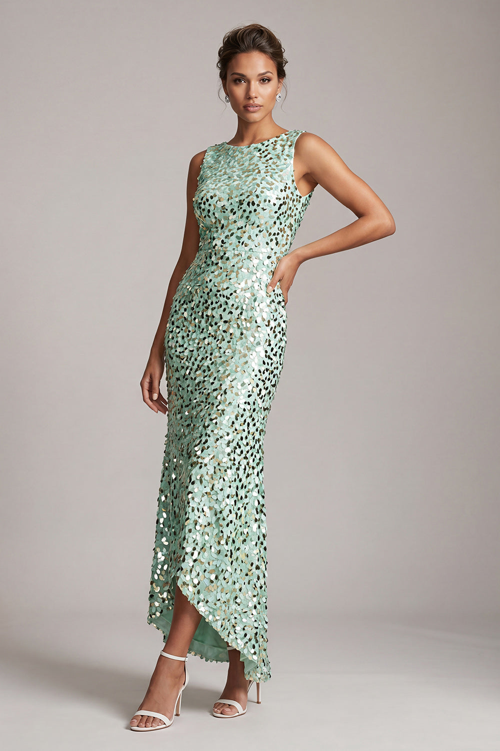 Sparkly Silver Boat Neck Sequin Long Mother of the Bride Dress