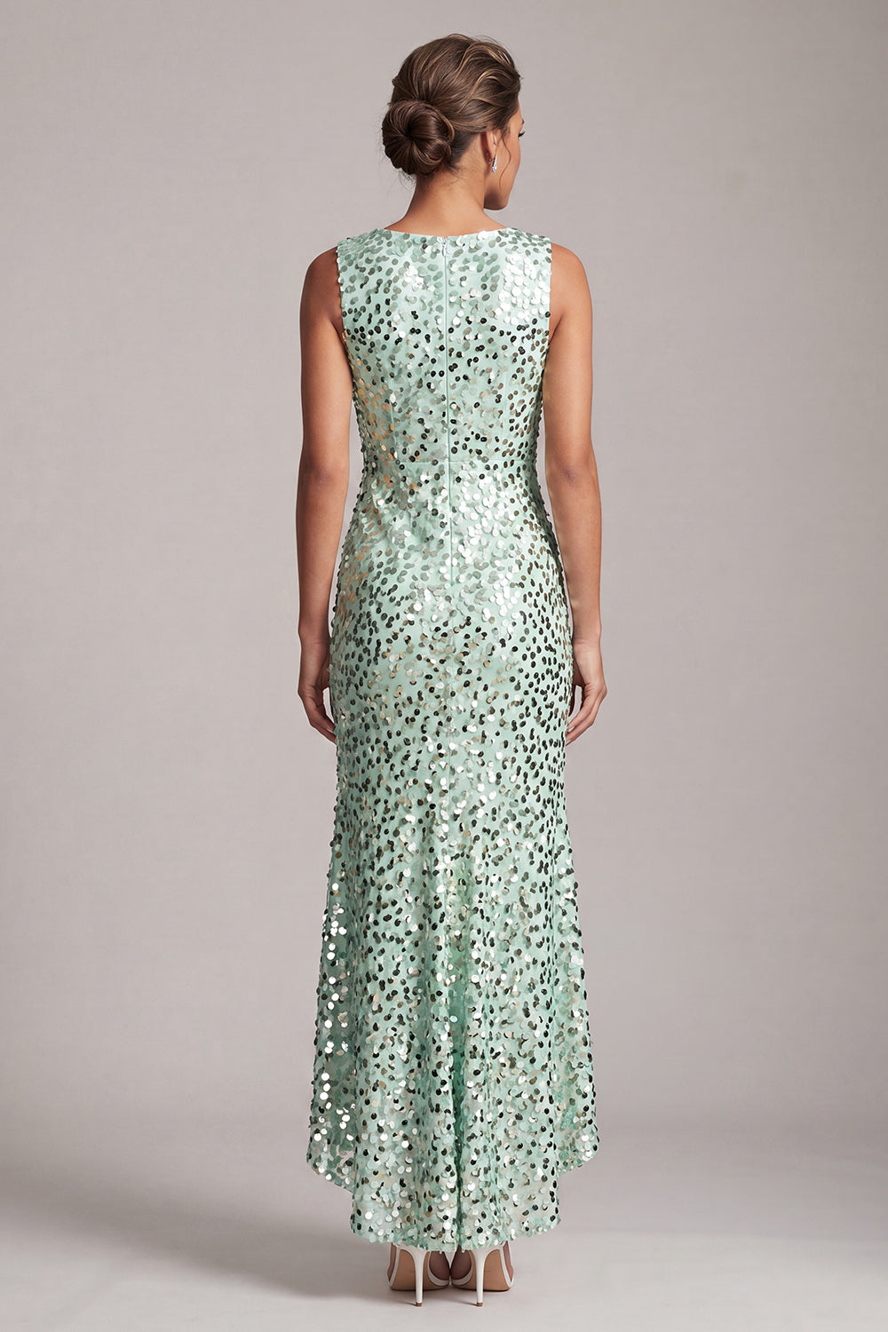 Sparkly Silver Boat Neck Sequin Long Mother of the Bride Dress