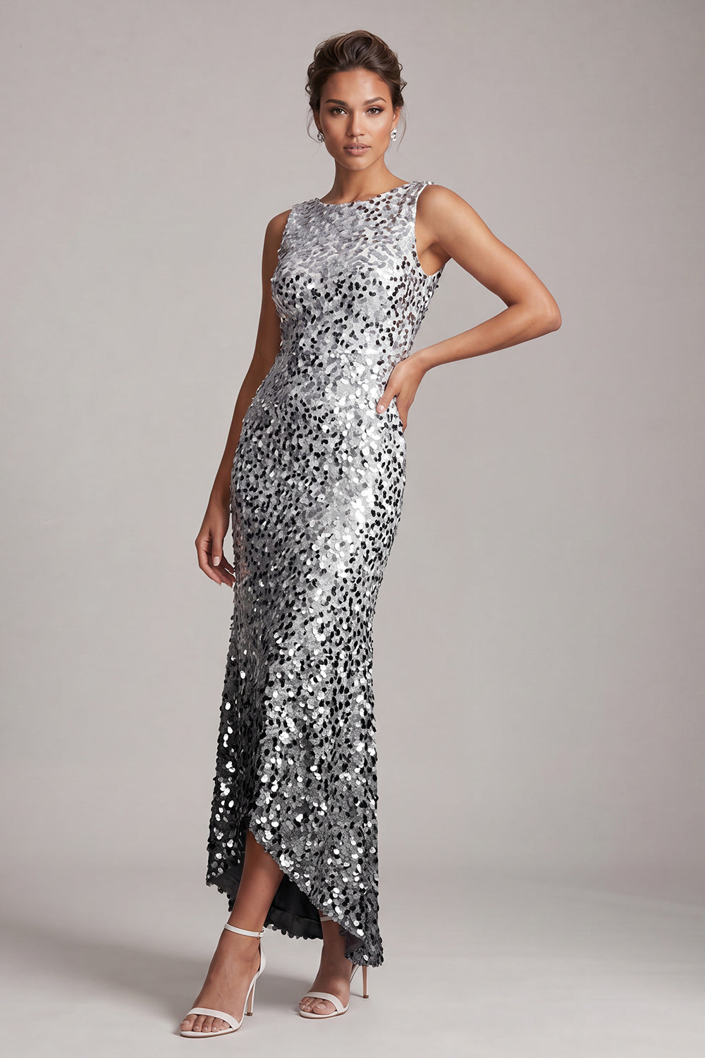 Sparkly Silver Boat Neck Sequin Long Mother of the Bride Dress