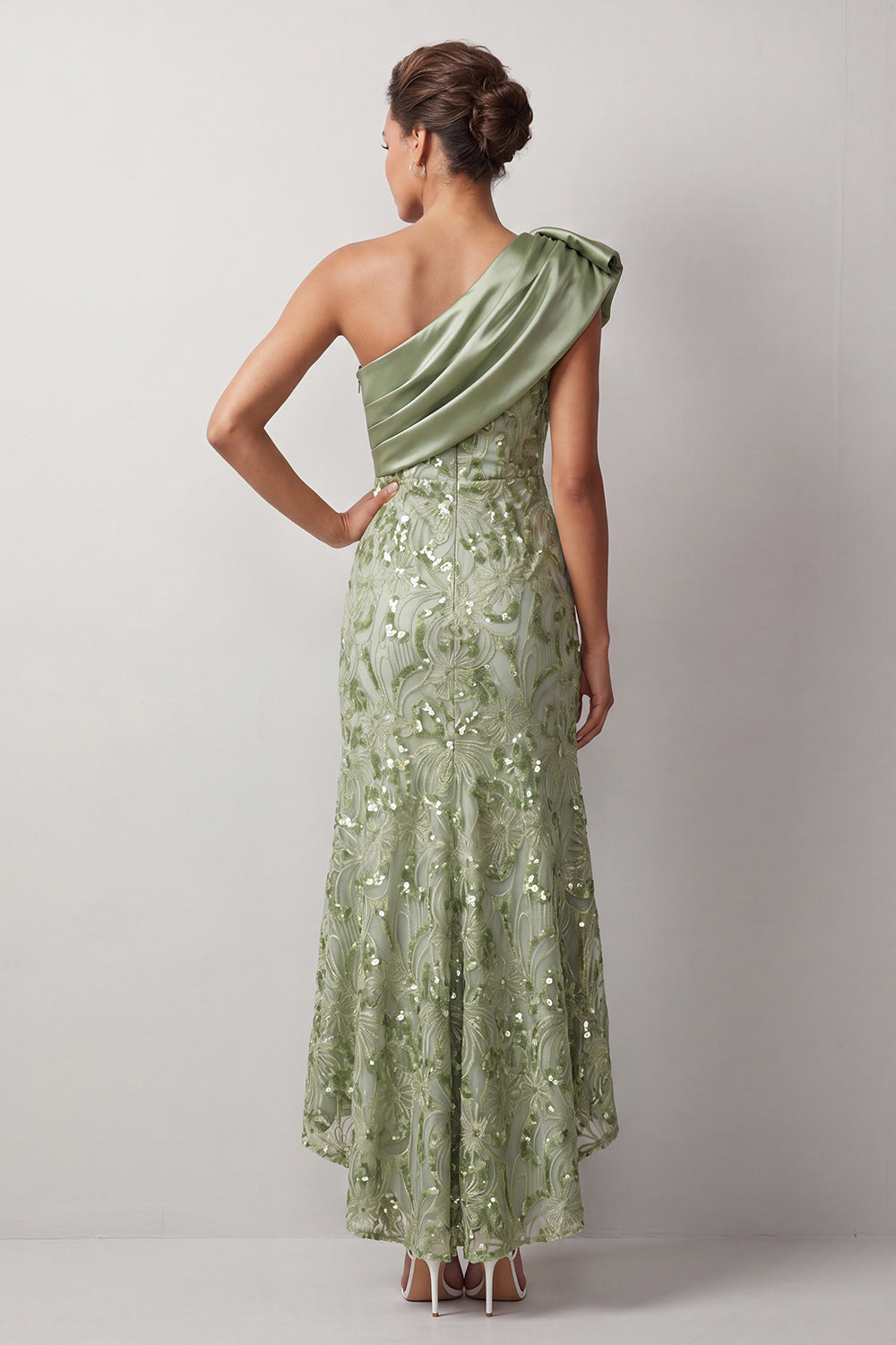 Sparkly Sequin Floral Champagne One Shoulder High-Low Mother of the Bride Dress