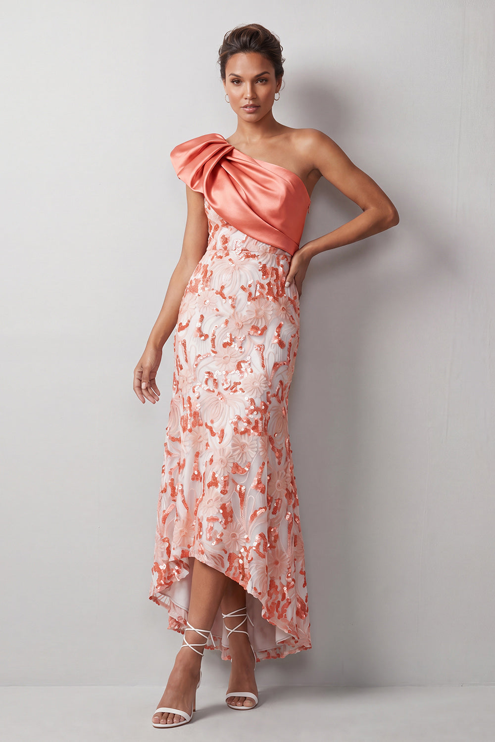 Sparkly Sequin Floral Champagne One Shoulder High-Low Mother of the Bride Dress