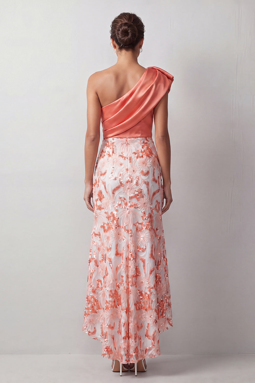 Sparkly Sequin Floral Champagne One Shoulder High-Low Mother of the Bride Dress