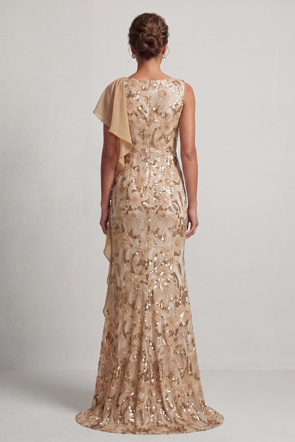 Sparkly Floral Champagne Mermaid Ruffled Long Sequin Mother of the Bride Dress