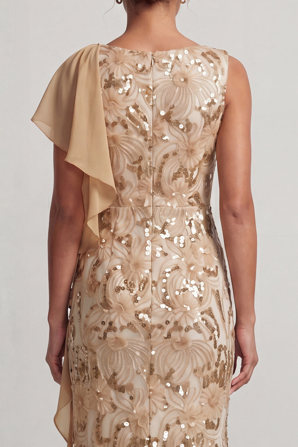 Sparkly Floral Champagne Mermaid Ruffled Long Sequin Mother of the Bride Dress