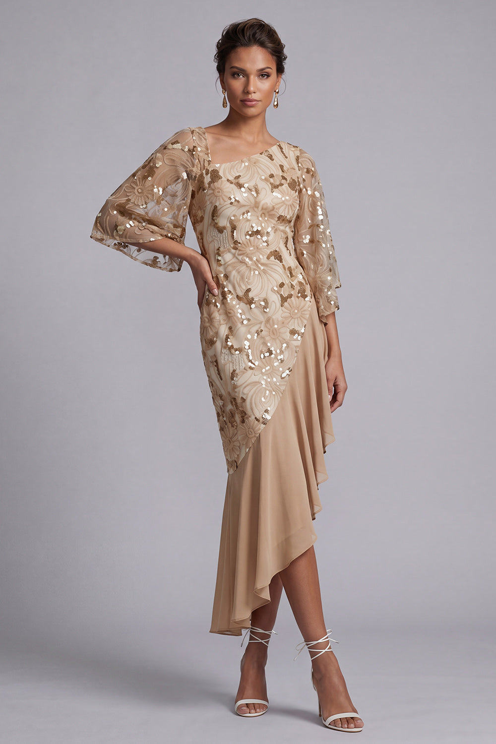 Sparkly Floral Green Sequin Mermaid Asymmetrical Mother of the Bride Dress