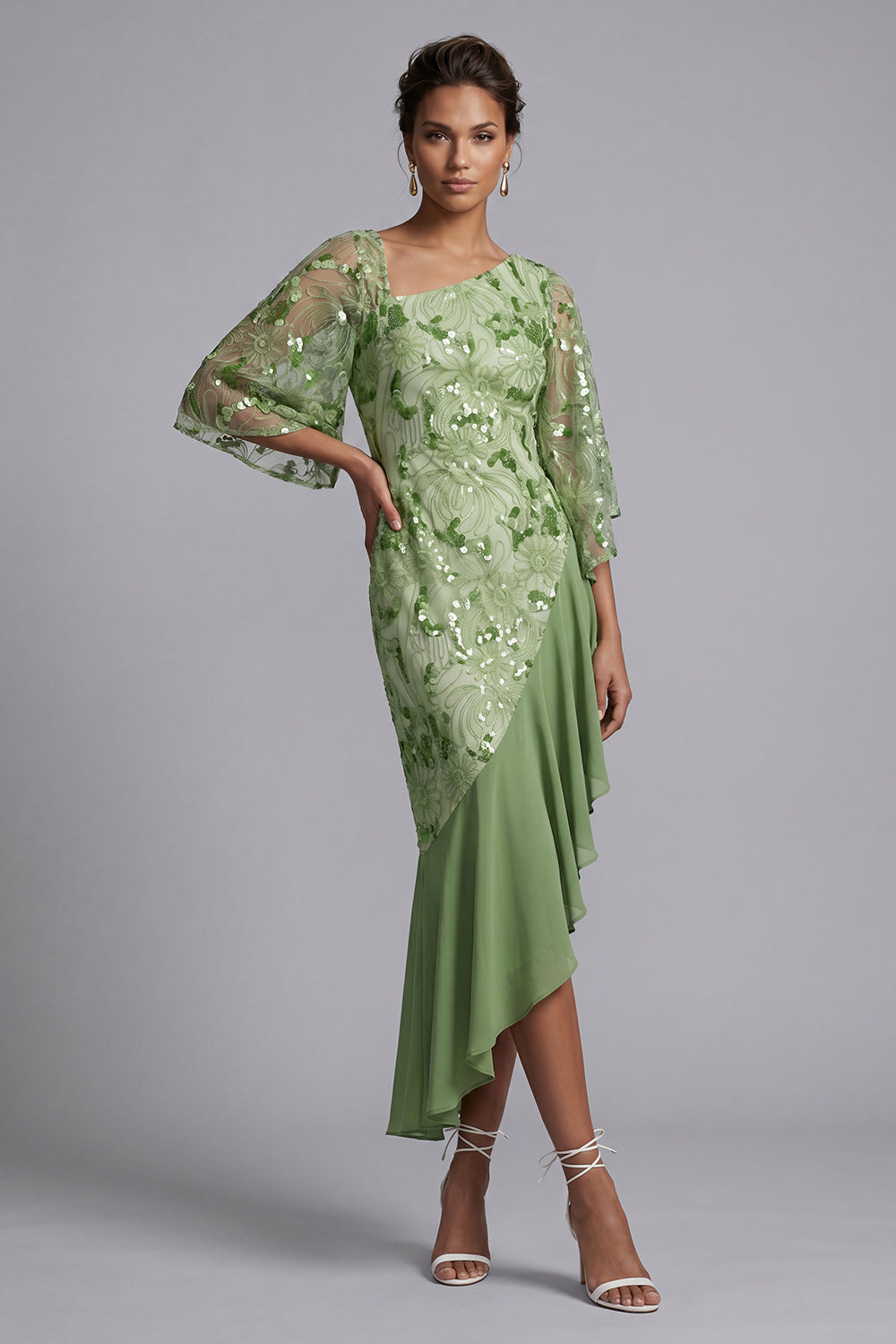 Sparkly Floral Green Sequin Mermaid Asymmetrical Mother of the Bride Dress