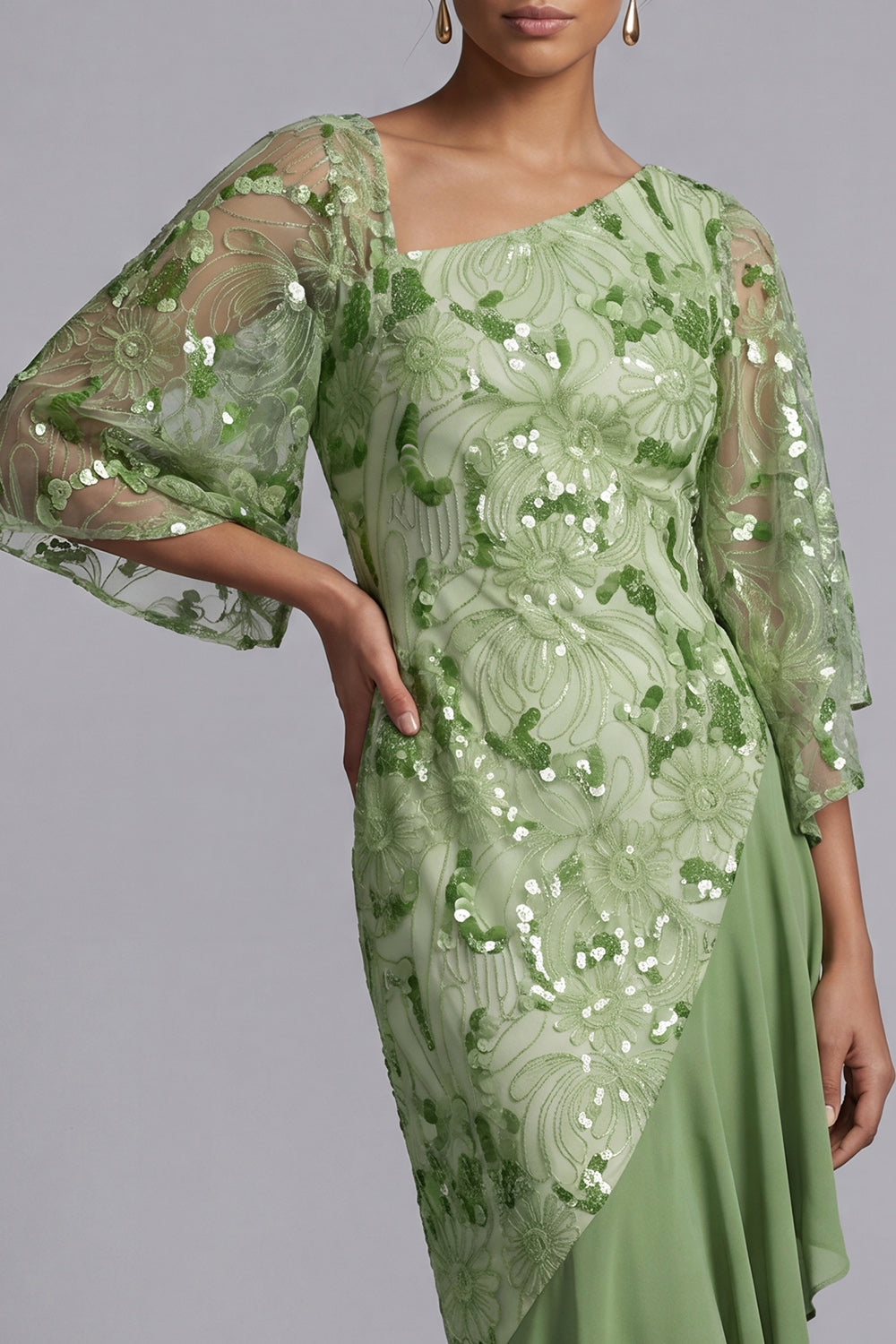 Sparkly Floral Green Sequin Mermaid Asymmetrical Mother of the Bride Dress