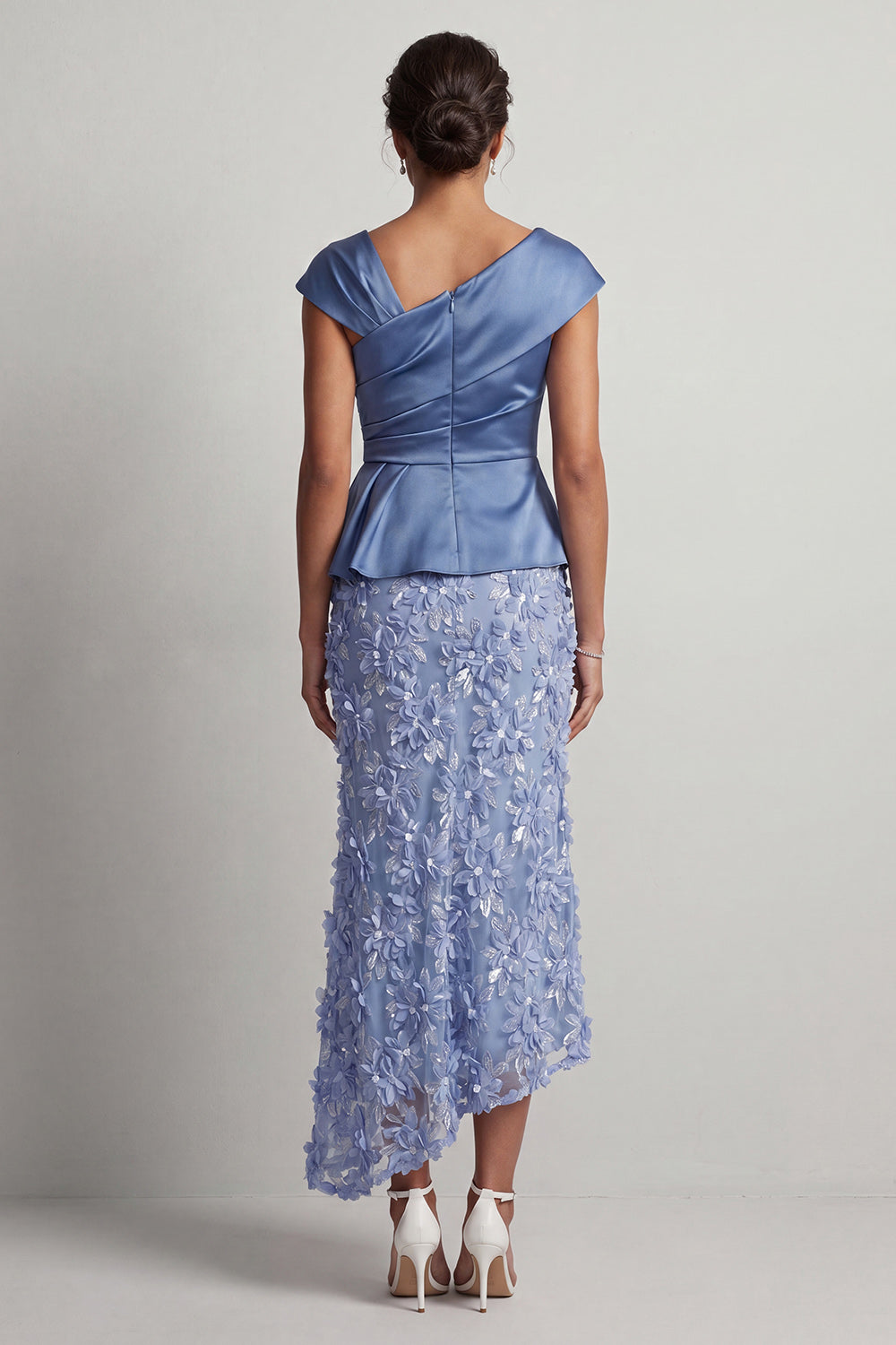 Floral Blue Beaded Mermaid Ruched Long Mother of the Bride Dress