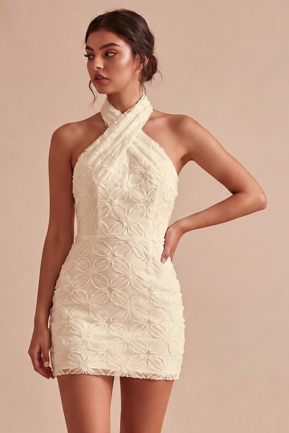 Floral White Tight Halter Neck Short Bridal Shower Dress