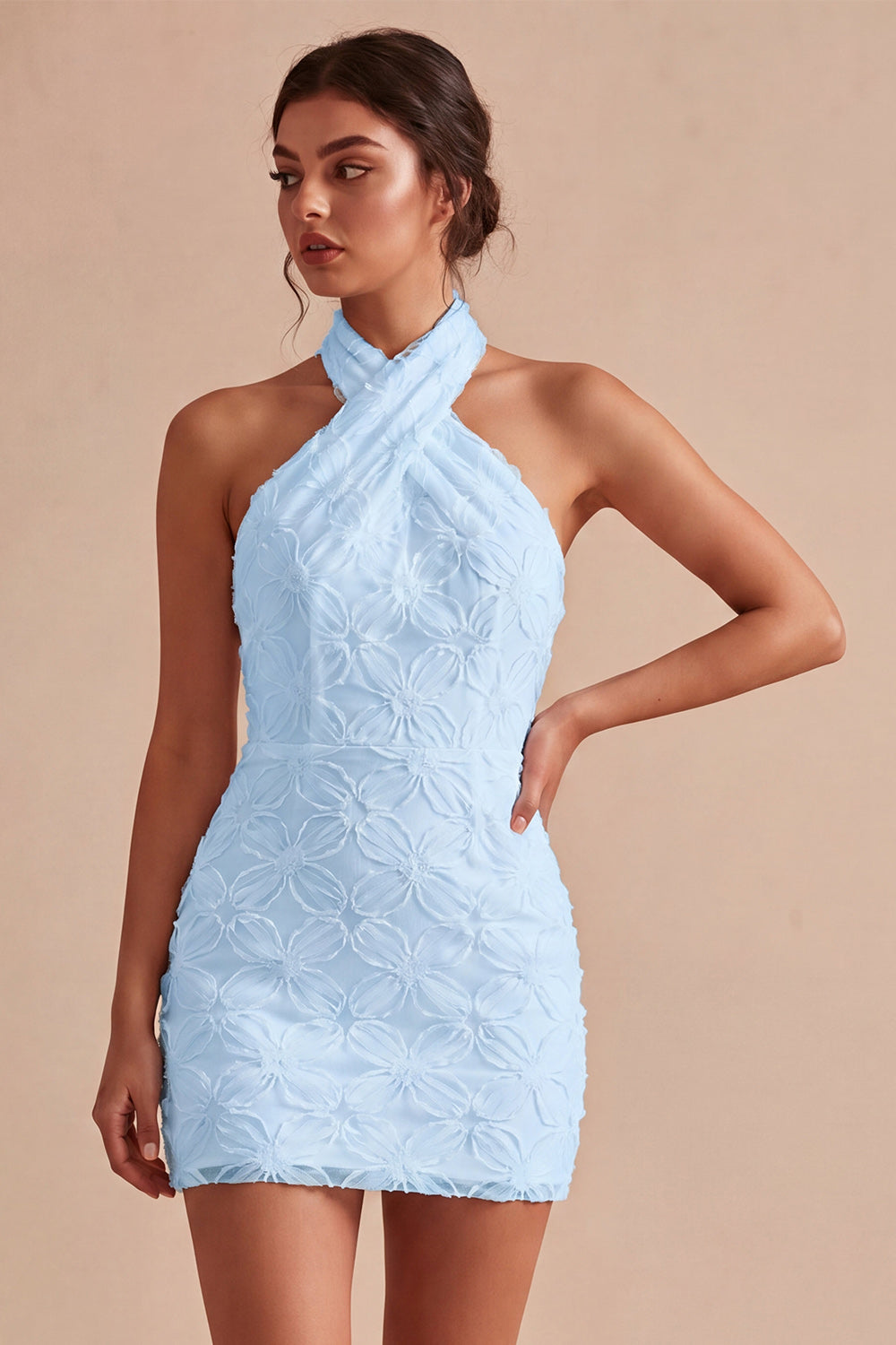 Floral White Tight Halter Neck Short Bridal Shower Dress