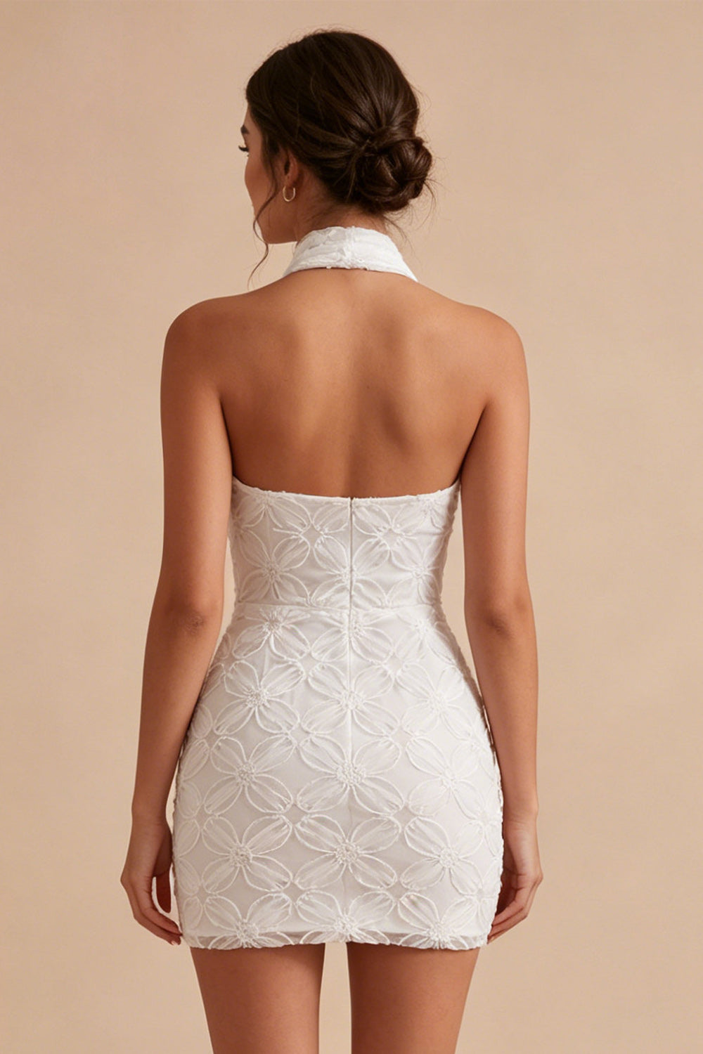 Floral White Tight Halter Neck Short Bridal Shower Dress