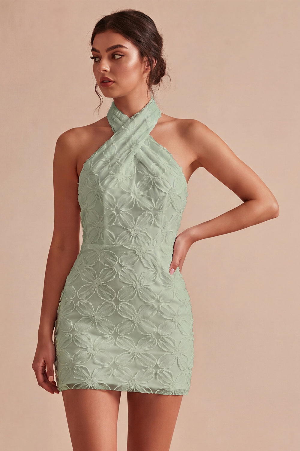 Floral White Tight Halter Neck Short Bridal Shower Dress