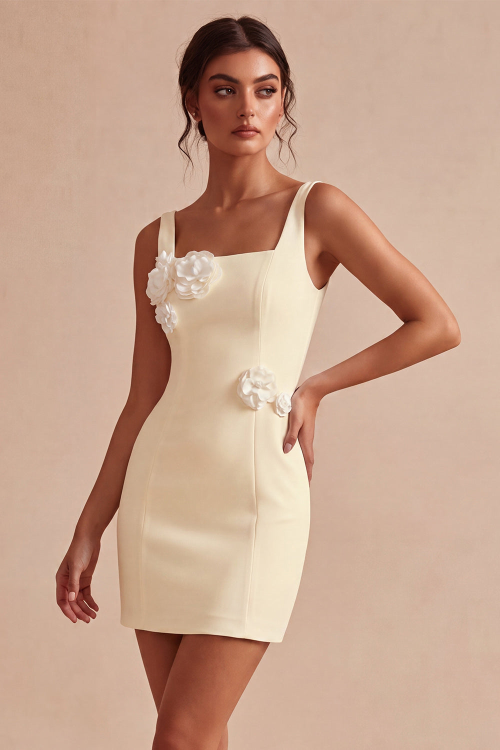 White Satin Square Neck Tight Short Bridal Shower Dress with 3D Flowers