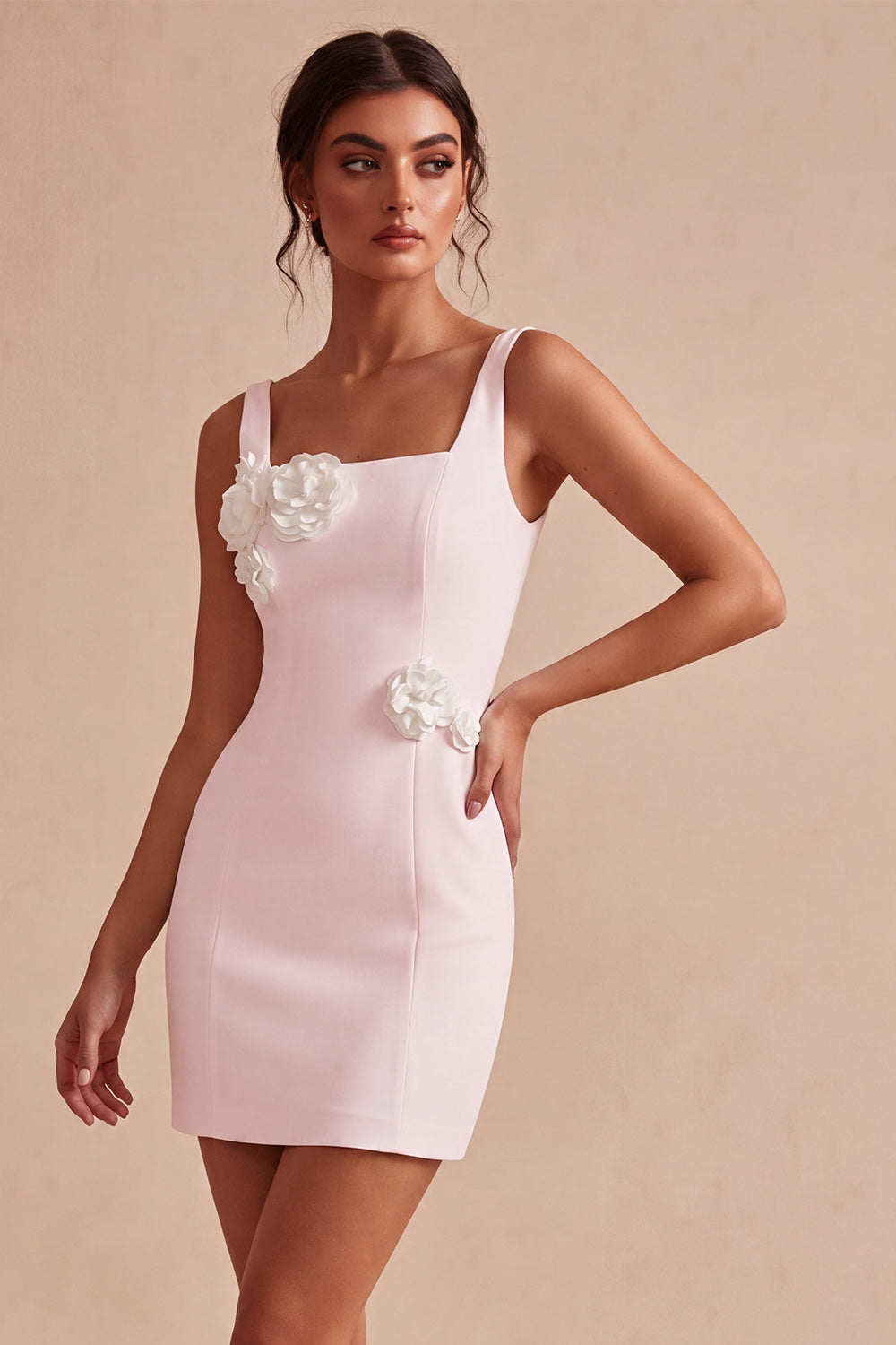 White Satin Square Neck Tight Short Bridal Shower Dress with 3D Flowers