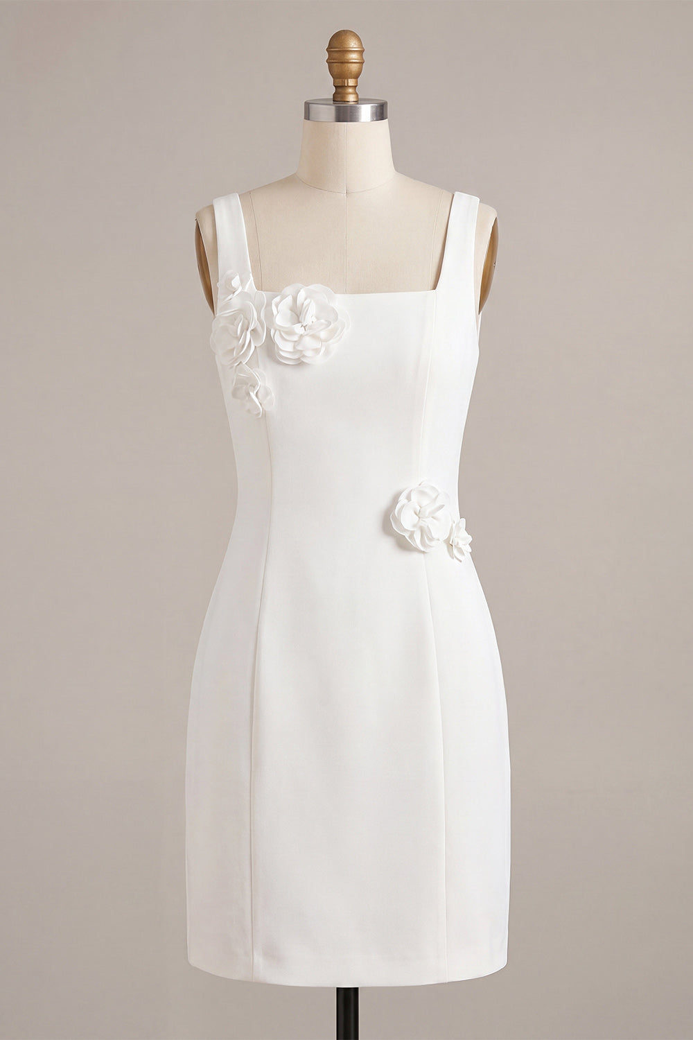 White Satin Square Neck Tight Short Bridal Shower Dress with 3D Flowers