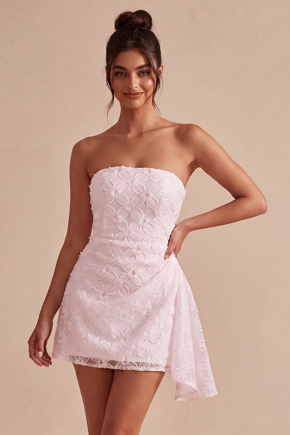 White Floral Ruched Tight Short Bridal Shower Dress with Side Cape