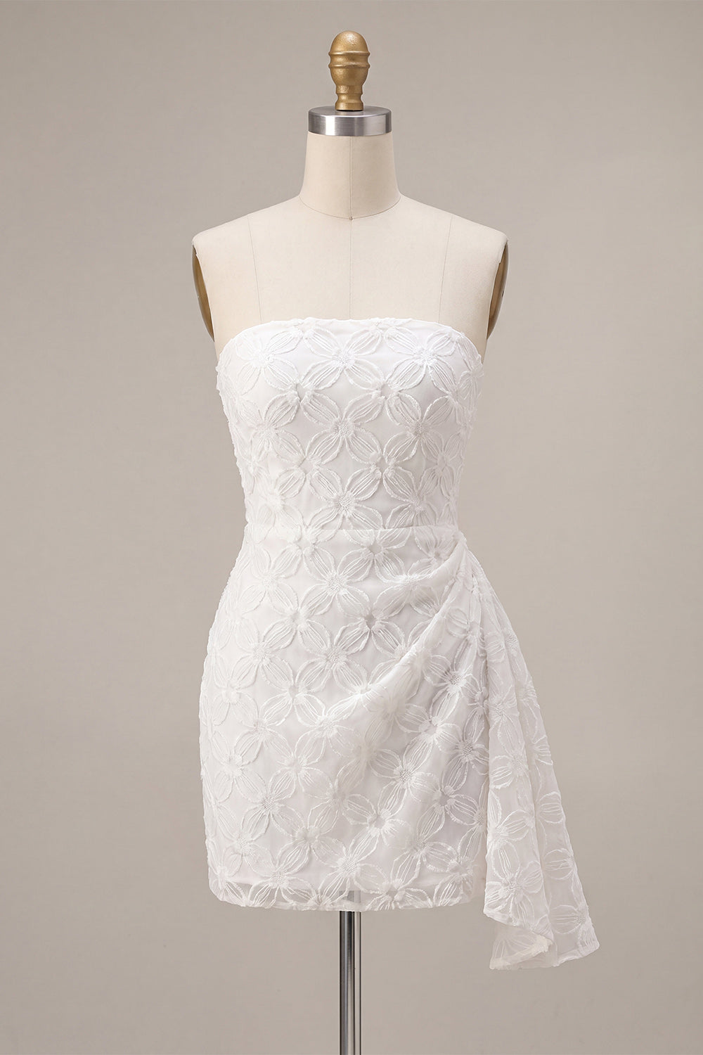 White Floral Ruched Tight Short Bridal Shower Dress with Side Cape