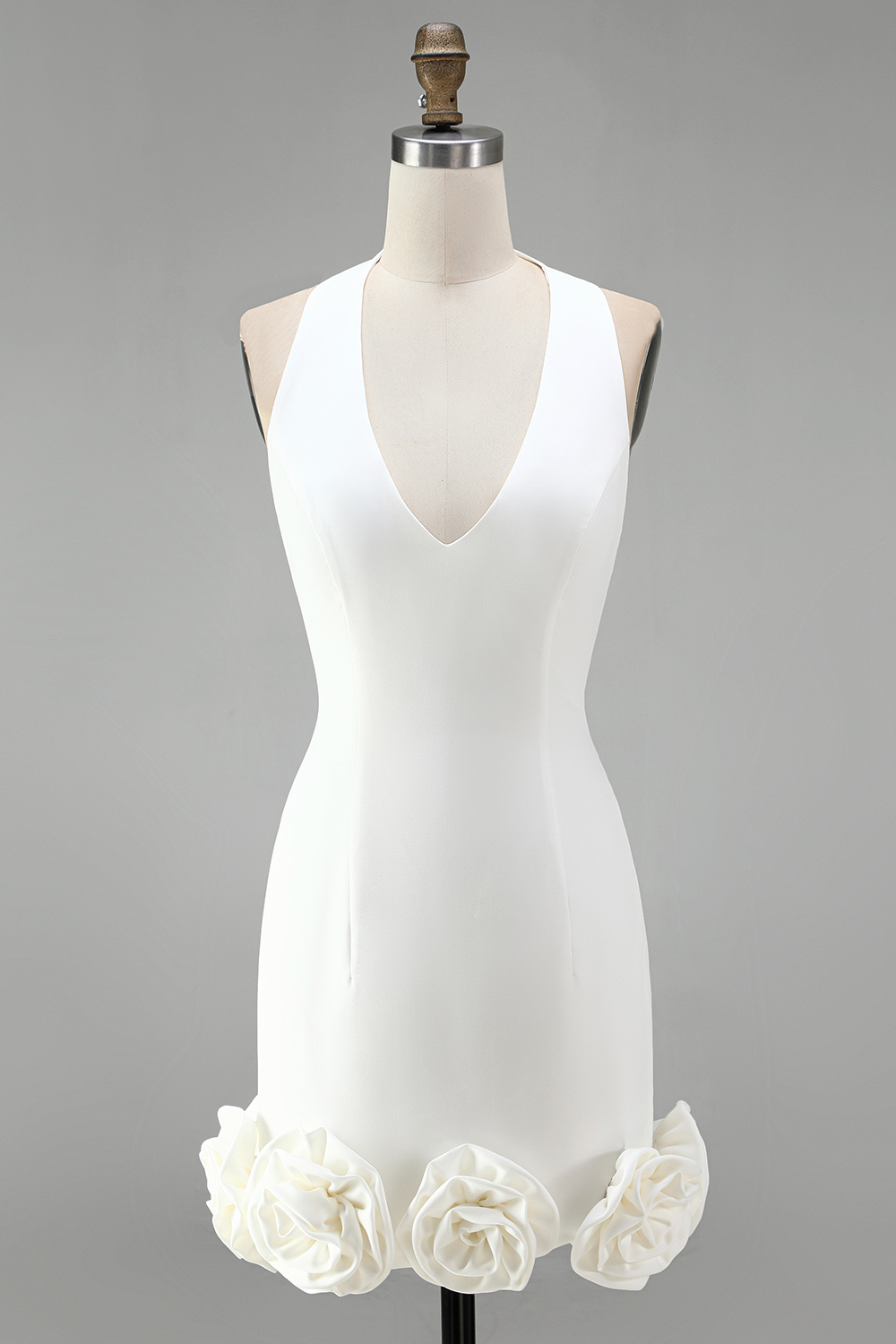 White Halter Neck Tight Short Bridal Shower Dress with 3D Flowers